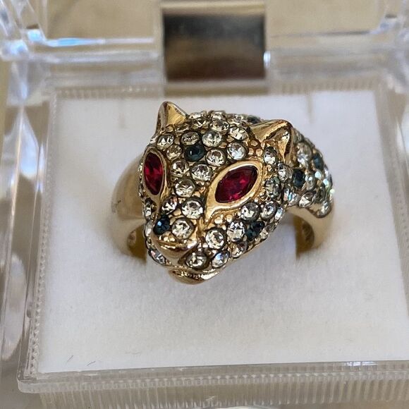 Gold Over Sterling Silver Panther & Crystals Statement Ring Vintage - Picture 5 of 11